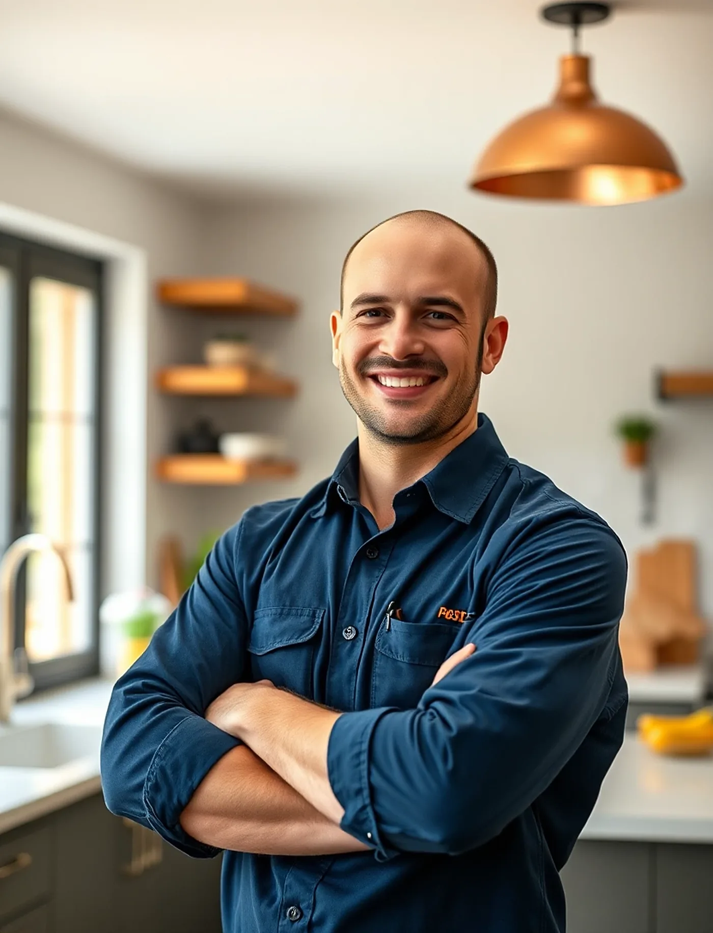 A smiling plumber in a navy work shirt with his arms crossed in a bright kitchen