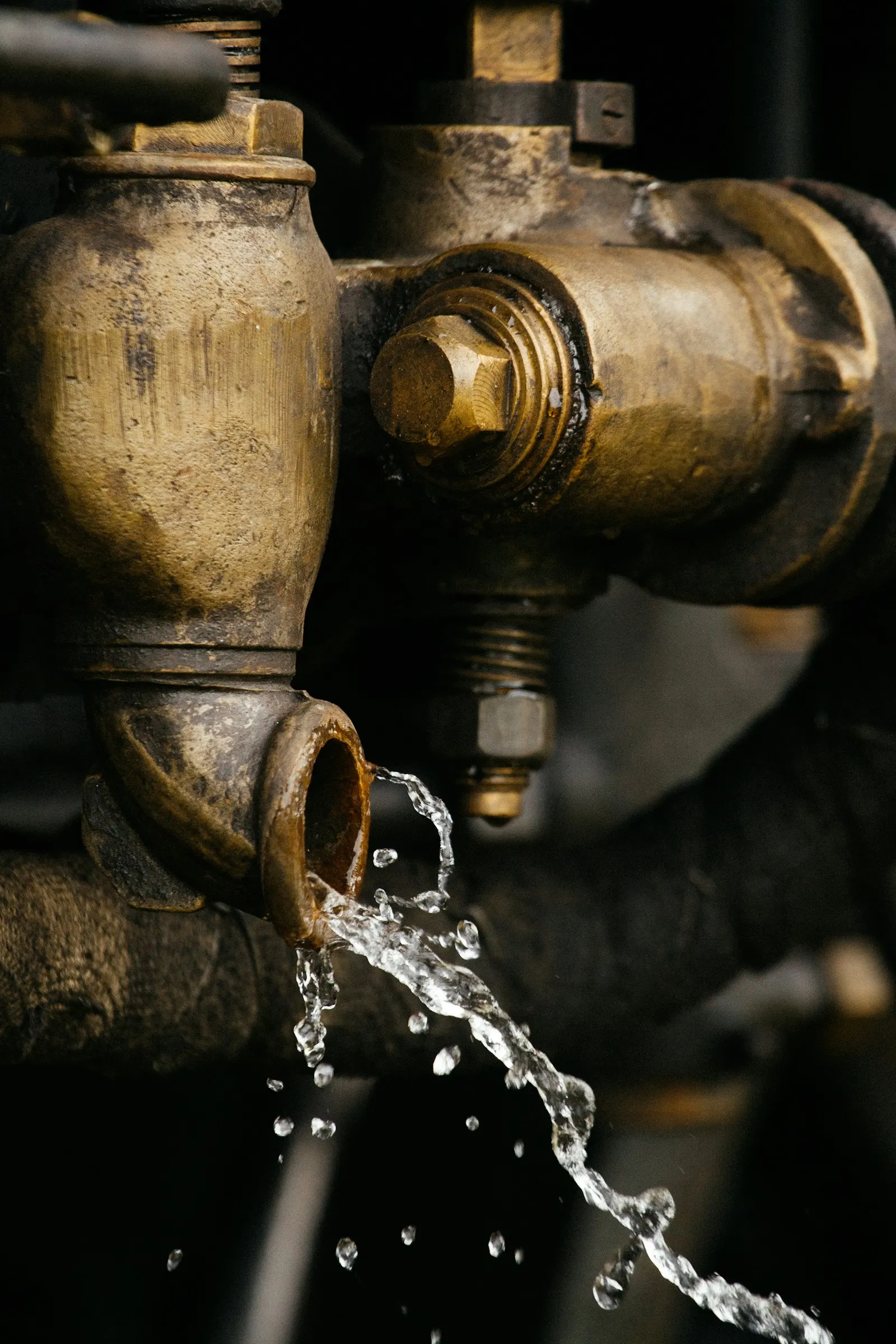 Water pouring from a cracked brass pipe joint