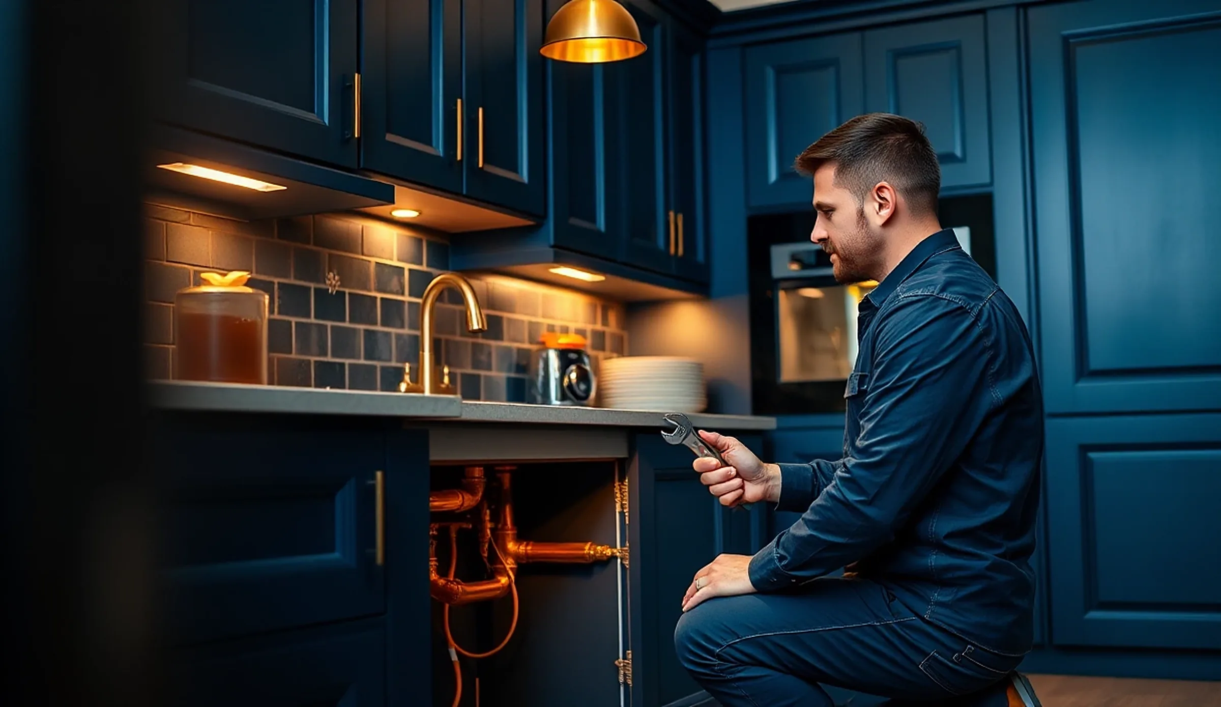 A plumber kneeling at an open sink cabinet in a navy kitchen at night, tightening a copper pipe