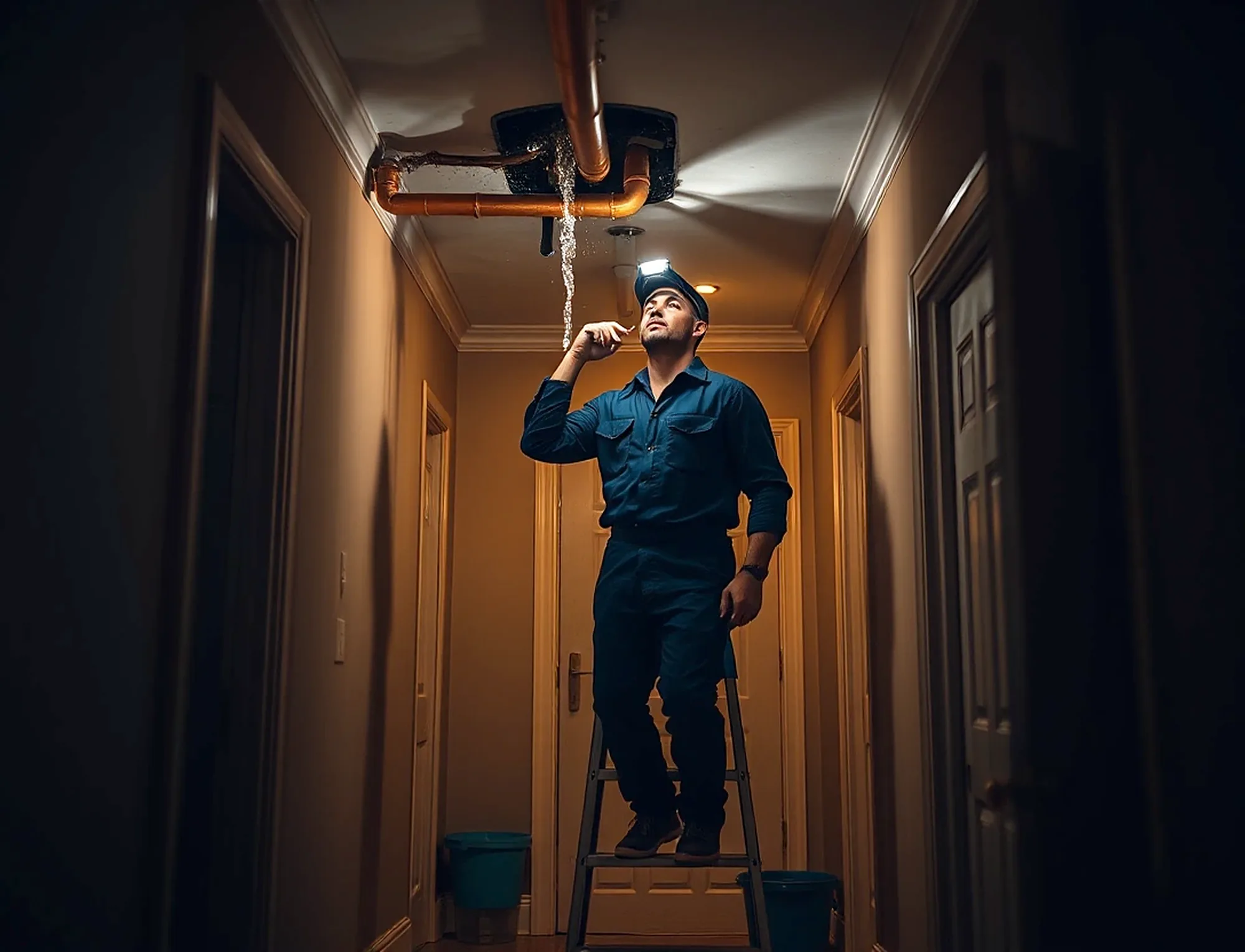 A plumber with a headlamp on a ladder at night, reaching into an opened ceiling where a burst pipe drips into a bucket
