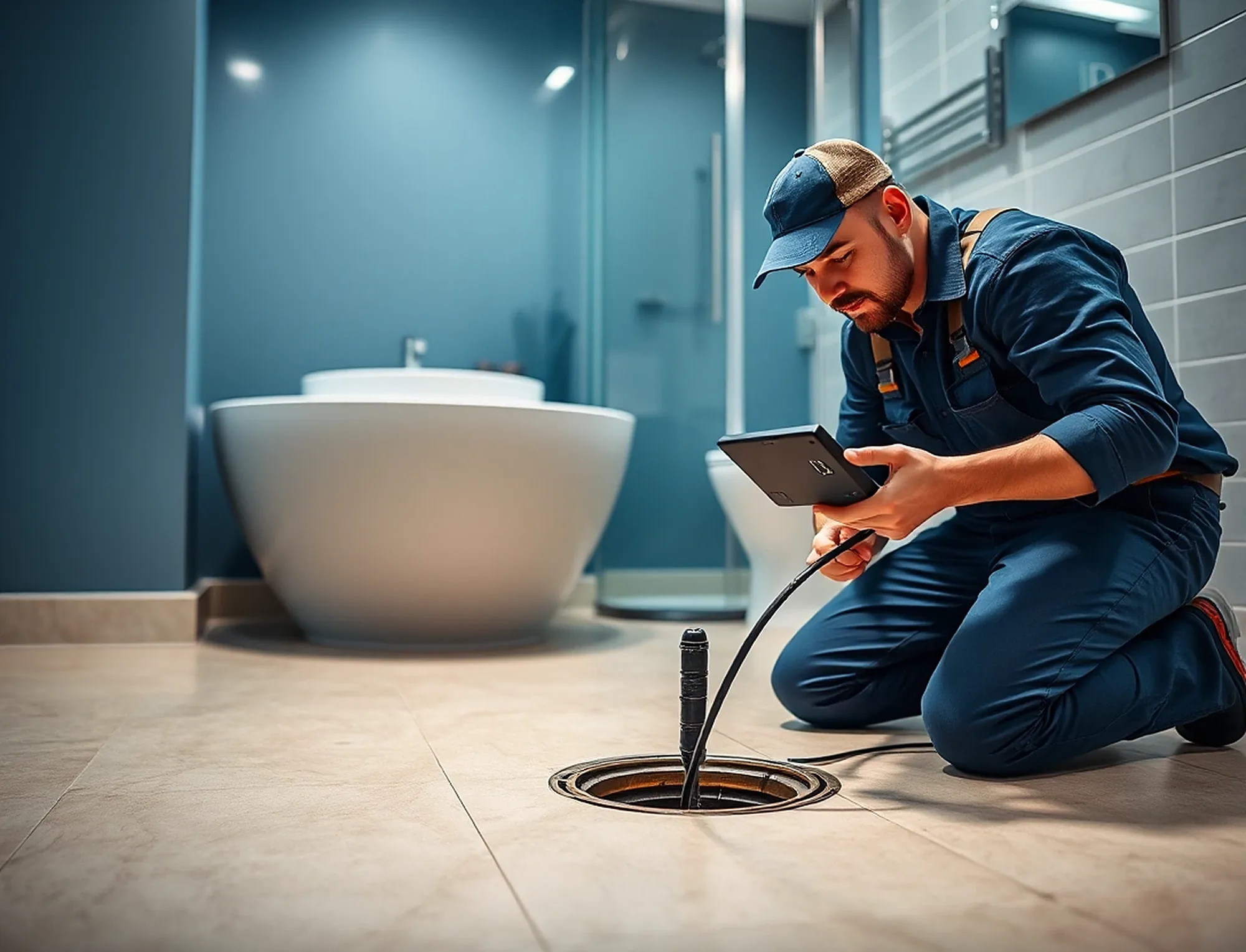 A plumber feeding an inspection camera into a bathroom floor drain while watching the pipe on a tablet