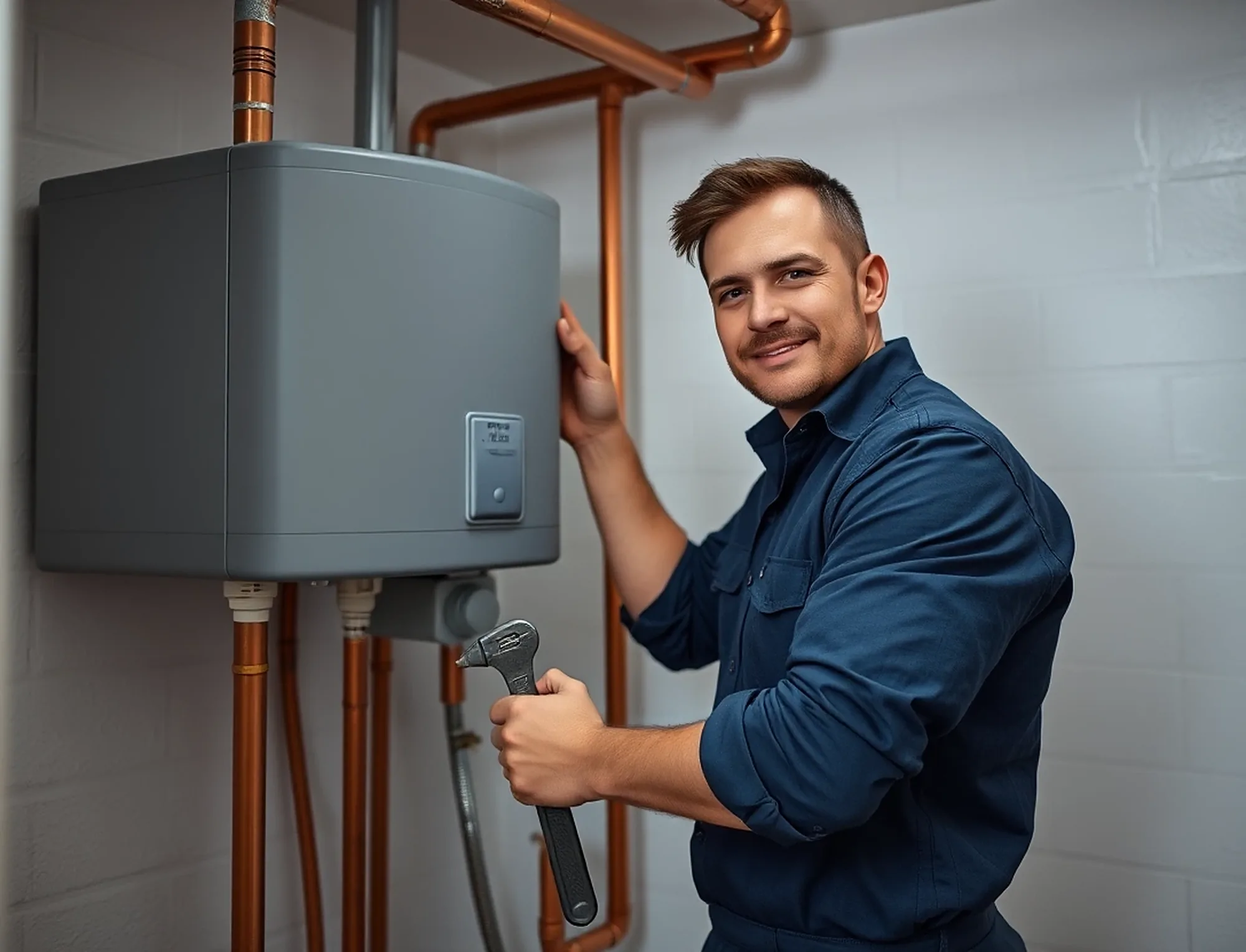 A plumber fitting a new tankless water heater on a utility room wall