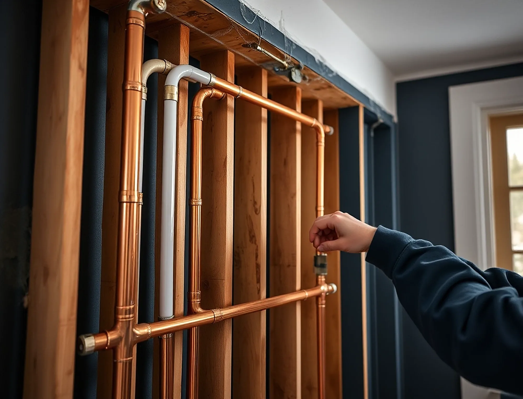 New copper and PEX supply pipes running through an open wall, a plumber checking a fitting